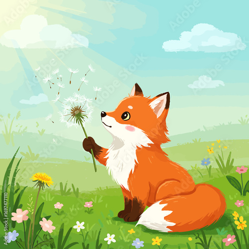 A cute orange fox holding a dandelion in a sunny meadow surrounded by colorful flowers