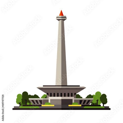 Vector illustration of the National Monument of Indonesia, Monas, surrounded by green trees on a white background.