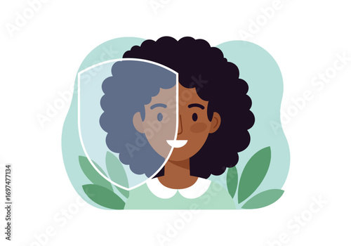 Smiling woman protected by a transparent shield, symbolizing safety and security.
