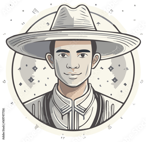 Portrait of a neutral-toned man wearing a wide-brimmed hat and suspenders within a decorative circular frame