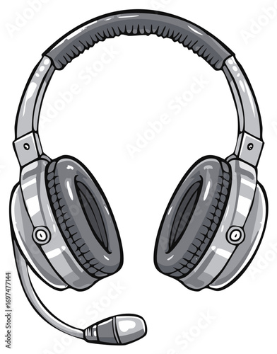 Stylish vector illustration of headphones with microphone in grayscale.