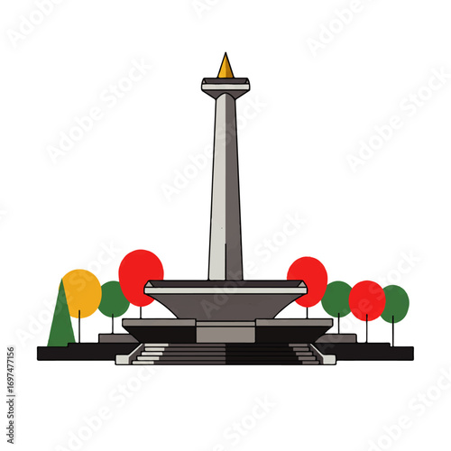 Flat vector illustration of the National Monument in Jakarta, Indonesia, surrounded by stylized trees on a white background.
