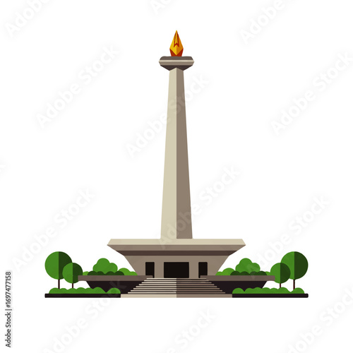 Illustration of the National Monument (Monas) in Jakarta, Indonesia, with surrounding greenery, depicted in a flat, geometric style.