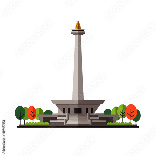 Minimalist illustration of the Monas monument in Jakarta, Indonesia, surrounded by stylized trees and greenery, set against a clean white background.