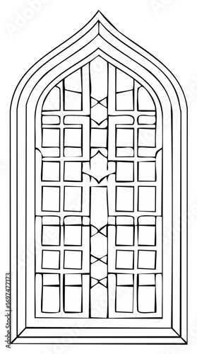 Ornate Gothic Arch Window Illustration with Intricate Panes