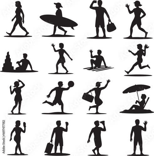 Beach and Summer Activities Silhouette Icons Collection Keywords: beach, summer, vacation, holiday
