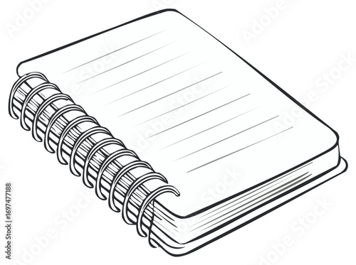 Simple line art illustration of a blank spiral bound notebook with lined paper