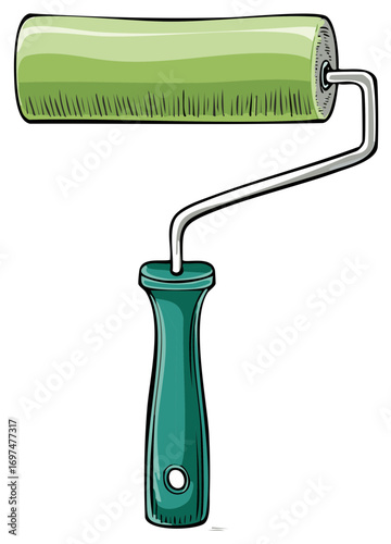 Cartoon illustration of a green paint roller tool for home improvement and renovation