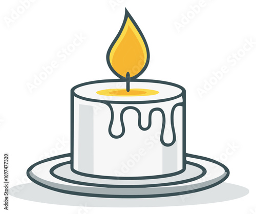 Illuminated candle illustration with melting wax, on a decorative plate with a burning flame.