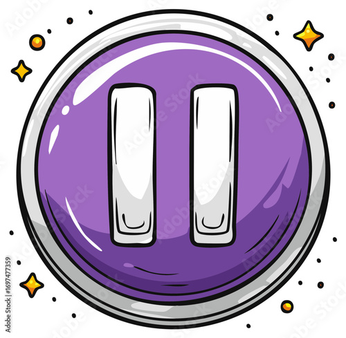 Hand drawn cartoon purple pause button icon with a glossy finish and sparkles