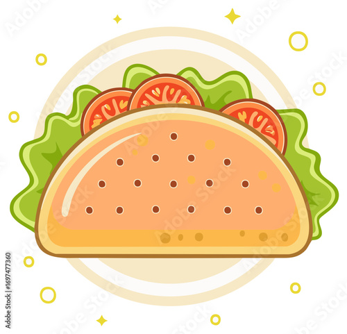 A delicious taco with fresh tomato slices and lettuce, presented with simple cartoon style and star and circle design elements.