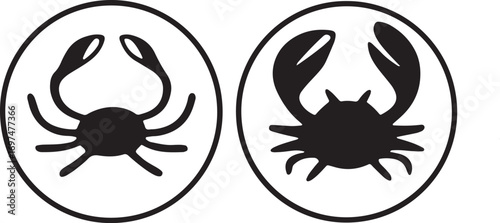 Two simple black crab icons inside circular frames for astrological or nautical themes