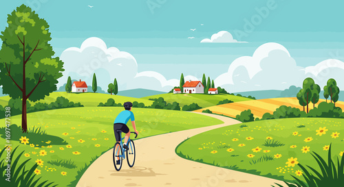 A cyclist enjoying a scenic ride through vibrant fields and charming countryside homes under blue skies