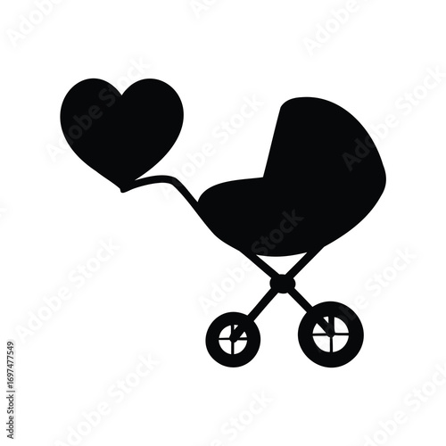 Silhouette of a baby carriage with a heartshaped balloon attached to it