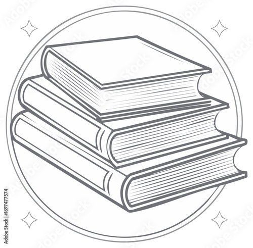 Stack of outline books inside a circle with sparkling elements representing knowledge and education
