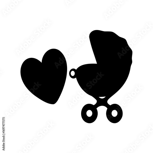 Silhouette of a baby carriage with a loving heart for baby