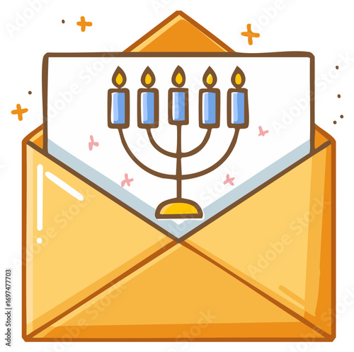 Festive Hanukkah Menorah Card in Open Golden Envelope with Decorative Star Accents for Jewish Holiday Greetings