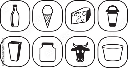 Set of dairy product icons including milk bottle ice cream cheese cow and glass