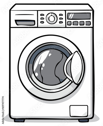 Cartoon illustration of washing machine with opened door for laundry