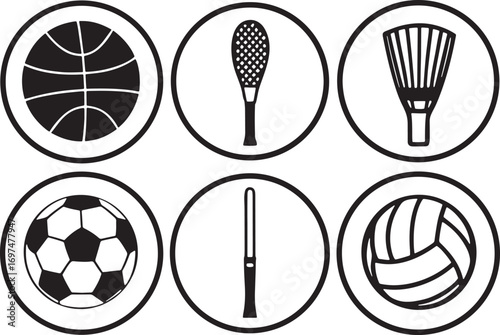 Collection of six circular sports icons featuring basketball soccer racket volleyball and more