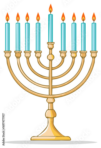 Menorah with Nine Lit Candles for Hanukkah Celebration, Festive Icon Illustration