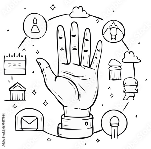 Outline Illustration of Hand Connected to Icons Representing Daily Tasks and Responsibilities