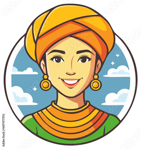 Cartoon portrait of woman wearing traditional turban and earrings against a sky with clouds inside a round frame