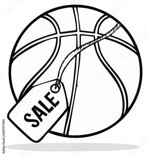Outline drawing of a basketball with a hanging sale tag, representing sport season discounts and promotions