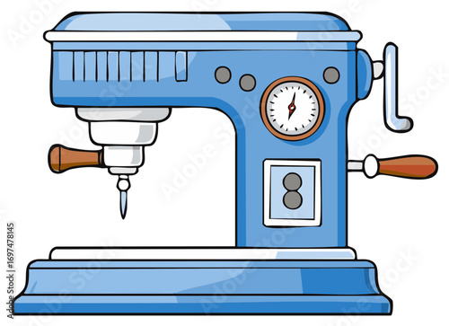 Blue and White Cartoon Drill Press Illustration, Vintage Machine Design
