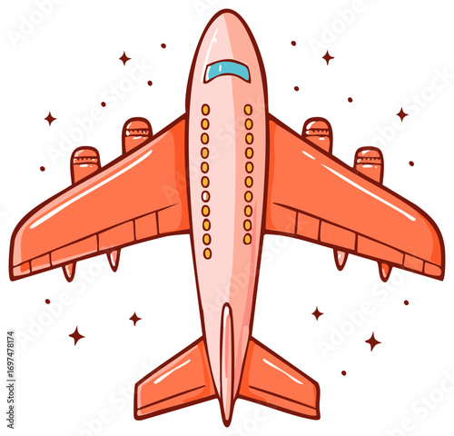 Cartoon Airplane in Flight with Four Engines Ready for Travel and Vacation