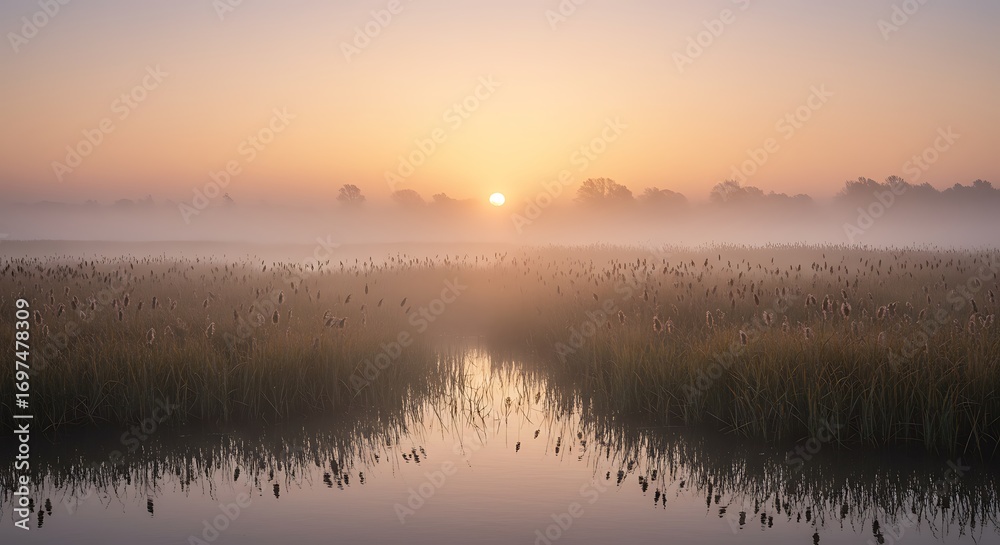 Fototapeta premium 朝焼けの湿地帯風景写真 幻想的な霧と水面反射の美しい自然