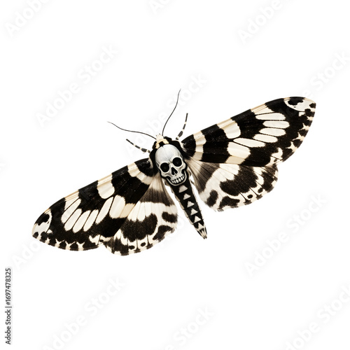 Striking Black and White Skull Moth Isolated on White Background, Symbolizing Nature's Mysterious Beauty and the Cycle of Life and Death