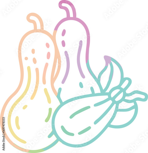 Modern abstract icon of bottle gourd + french bean fusion, neon flat colors, minimal lines.