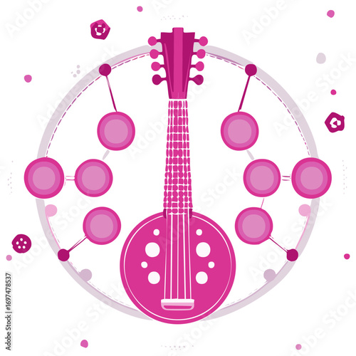 Stringed Instrument Illustration with Geometric Shapes and Circle, Pink Tones Musical Composition