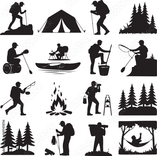 Outdoor Adventure and Camping Silhouette Icons Keywords: hiking, camping, tent, campfire, fishing