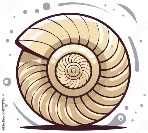 Stylized Fossil Shell Graphic Illustration with Swirls and Concentric Rings Design