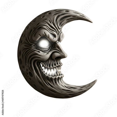 Sinister Crescent Moon Illustration with Glowing Eyes and Evil Grin, Perfect for Dark Fantasy, Halloween, and Mysterious Themes