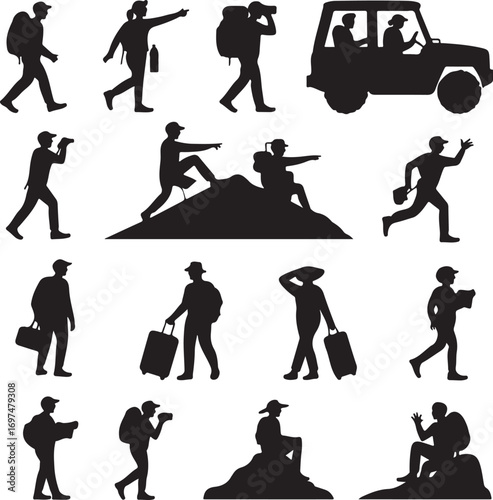 Silhouette Collection of Travelers and Adventurers with Luggage Keywords: travel, adventure