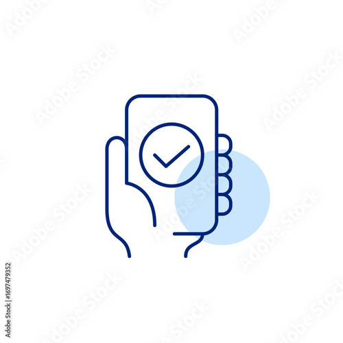 Hand holding smartphone and checkmark. Verified device, system updated. User account identification passed. Pixel perfect, editable stroke vector icon