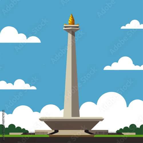 Illustration of the Monas monument in Jakarta, Indonesia, set against a bright blue sky with fluffy white clouds.
