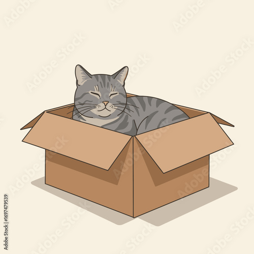 A relaxed gray tabby cat comfortably nestled in a cardboard box, with a soft background highlighting tranquility