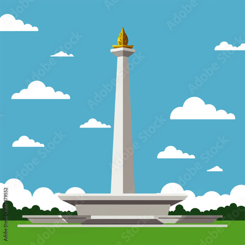 Illustration of the National Monument (Monas) in Jakarta, Indonesia, set against a blue sky with fluffy white clouds and green grass.