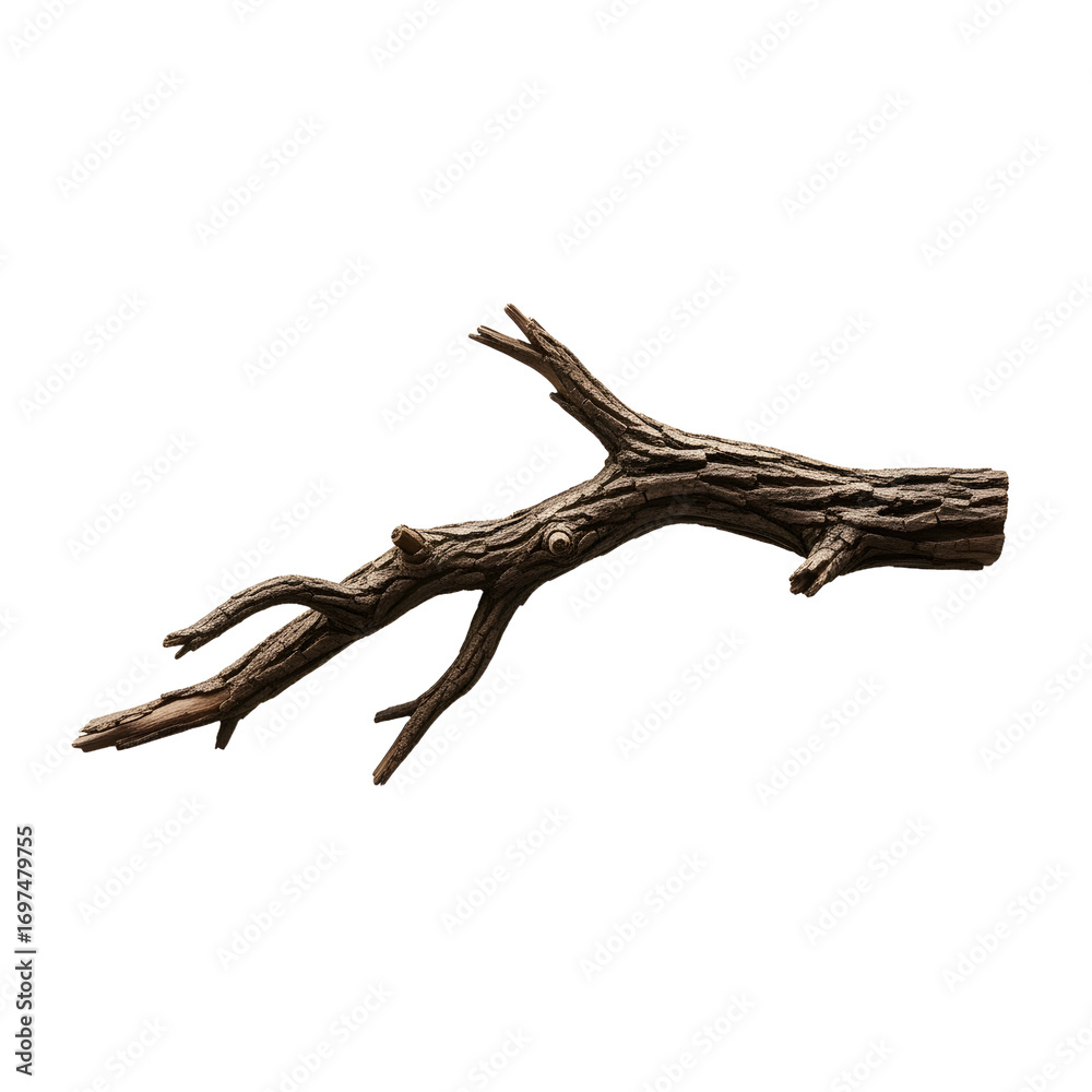 Obraz premium Isolated Gnarly Tree Branch with Textured Bark and Twigs, Perfect for Natural Design Elements and Rustic Backgrounds