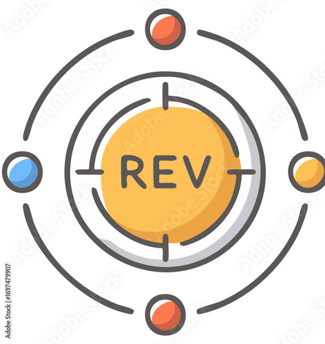 Circular target with REV abbreviation and orbiting colored dots concept illustration