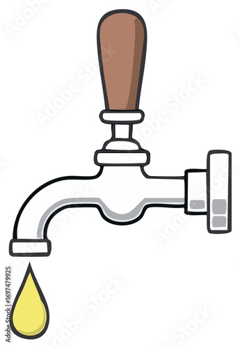 Cartoon Tap with Wood Handle and Yellow Liquid Drop, Water Faucet Illustration