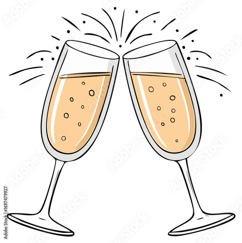 Two champagne flutes clinking in a celebratory toast with sparkling bubbles illustration