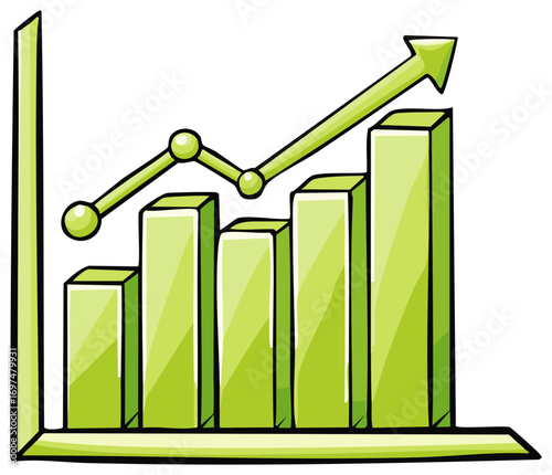 Green financial growth graph with upward arrow and bars illustration