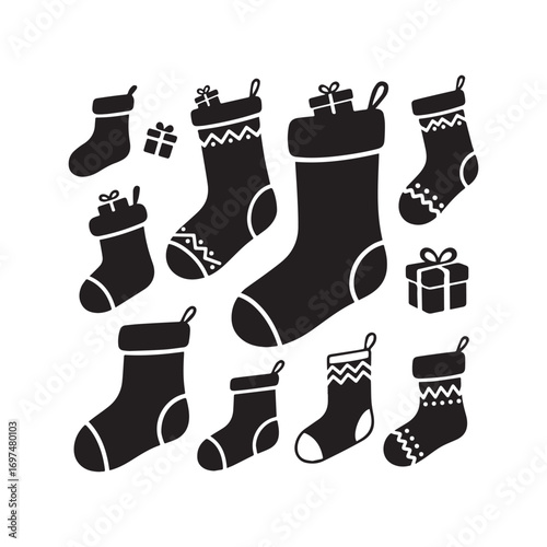 A set of black Christmas stocking silhouettes against a white background.