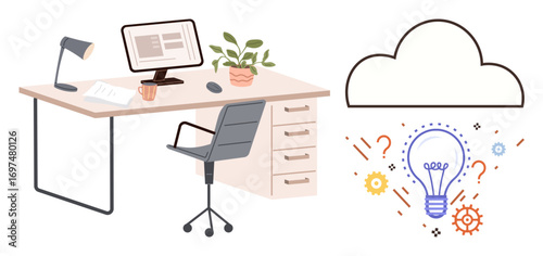 Office desk setup with computer, chair, lamp, plant, cloud outline, light bulb, and gears. Ideal for technology, creativity productivity innovation remote work collaboration modern workspace