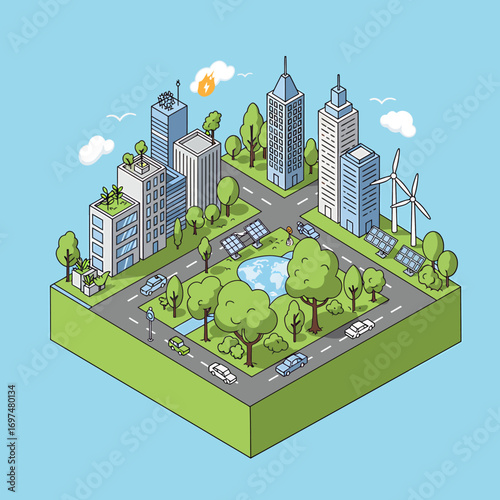 A vibrant isometric cityscape showcasing green spaces, modern buildings, and renewable energy sources